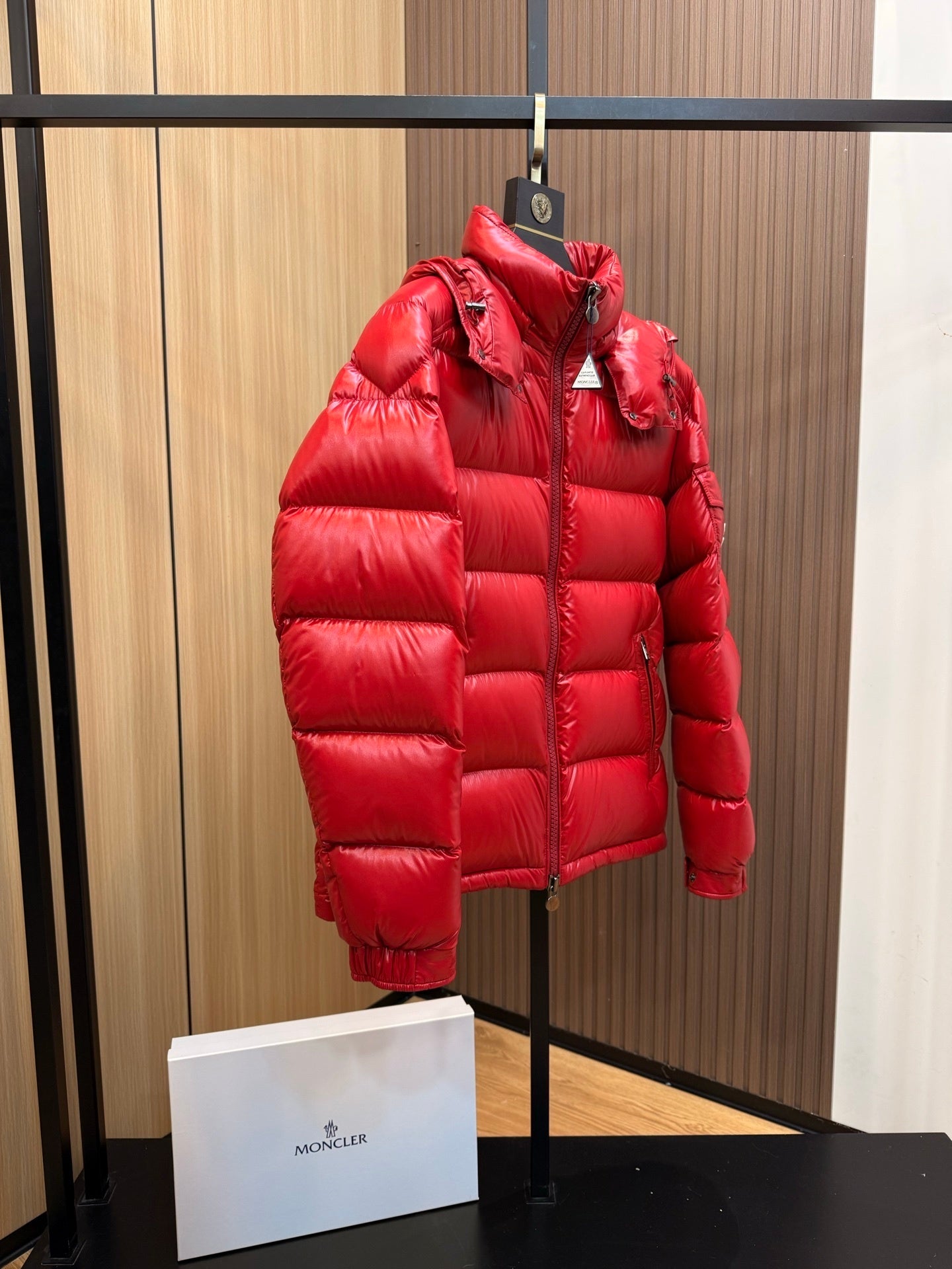 Women's Shiny Red Puffer Maya Jacket with Hood