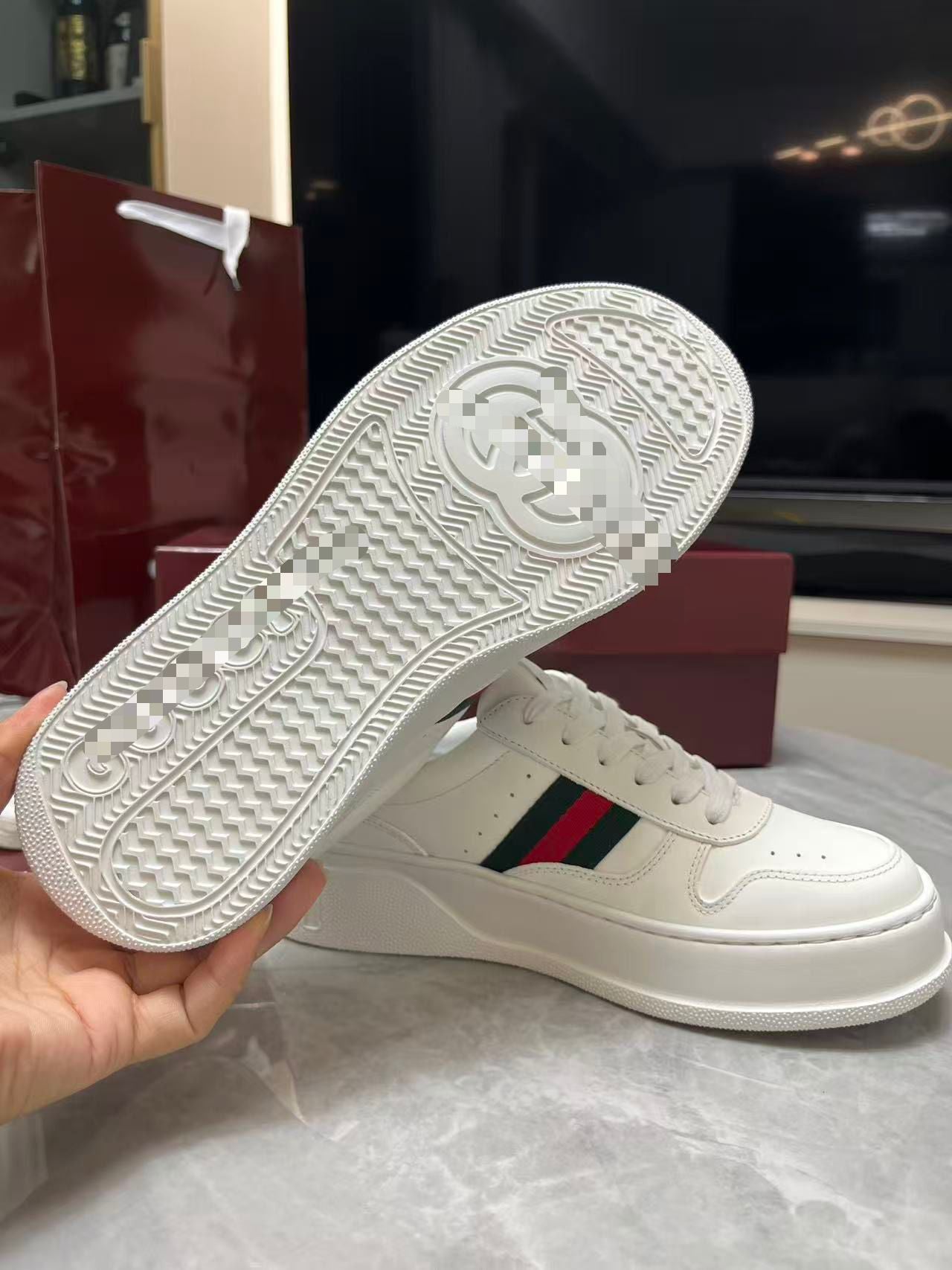 Chunky B Leather Platform Sneakers - White with Web Stripe