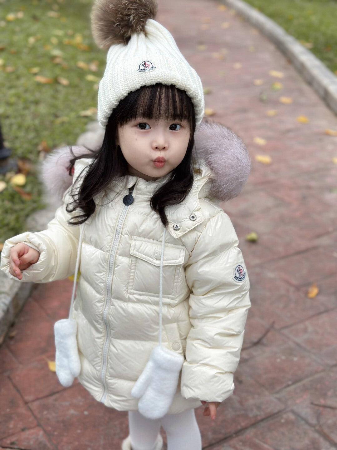 Ivory Kids' Winter Puffer Coat with Faux Fur Hood & Beanie Set