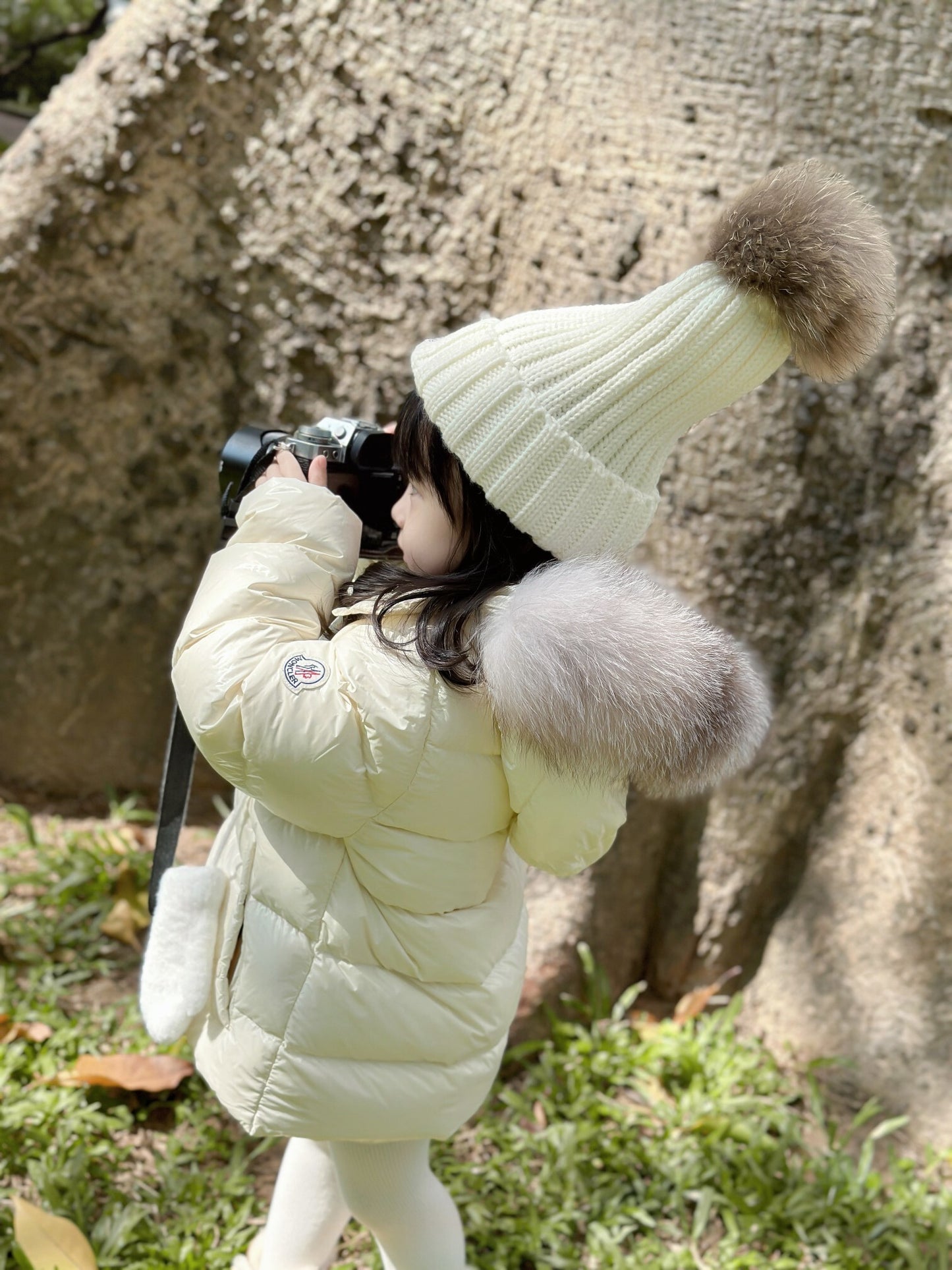 Ivory Kids' Winter Puffer Coat with Faux Fur Hood & Beanie Set