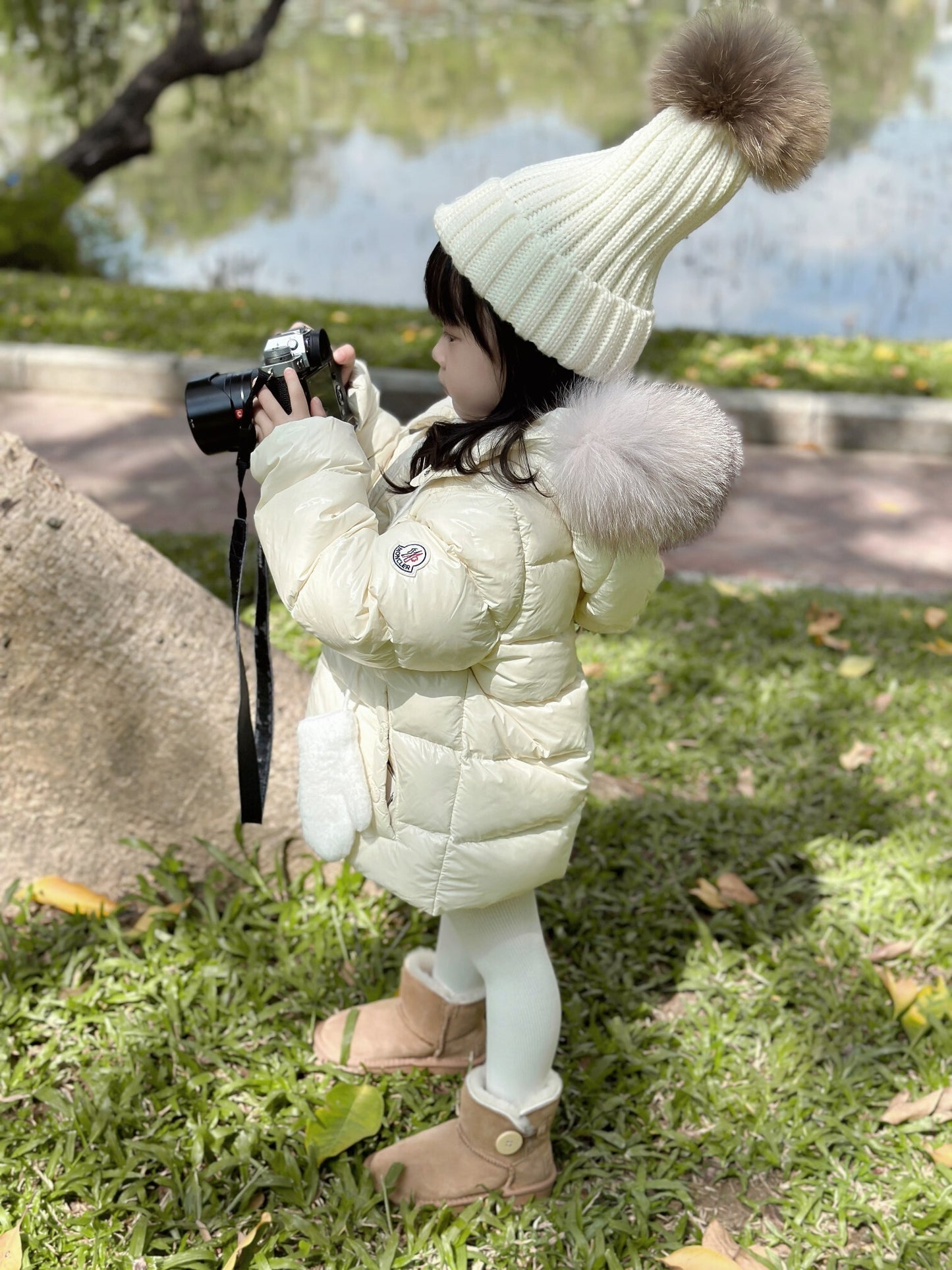 Ivory Kids' Winter Puffer Coat with Faux Fur Hood & Beanie Set