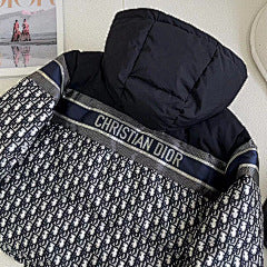 CD Navy Blue and White Monogram Hooded Puffer Jacket