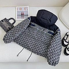 CD Navy Blue and White Monogram Hooded Puffer Jacket
