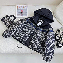 CD Navy Blue and White Monogram Hooded Puffer Jacket