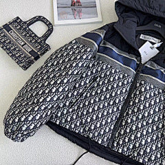 CD Navy Blue and White Monogram Hooded Puffer Jacket