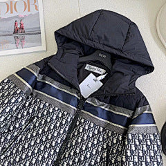CD Navy Blue and White Monogram Hooded Puffer Jacket