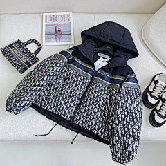 CD Navy Blue and White Monogram Hooded Puffer Jacket