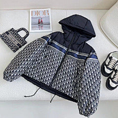 CD Navy Blue and White Monogram Hooded Puffer Jacket