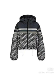 CD Navy Blue and White Monogram Hooded Puffer Jacket