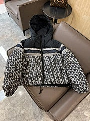 CD Navy Blue and White Monogram Hooded Puffer Jacket
