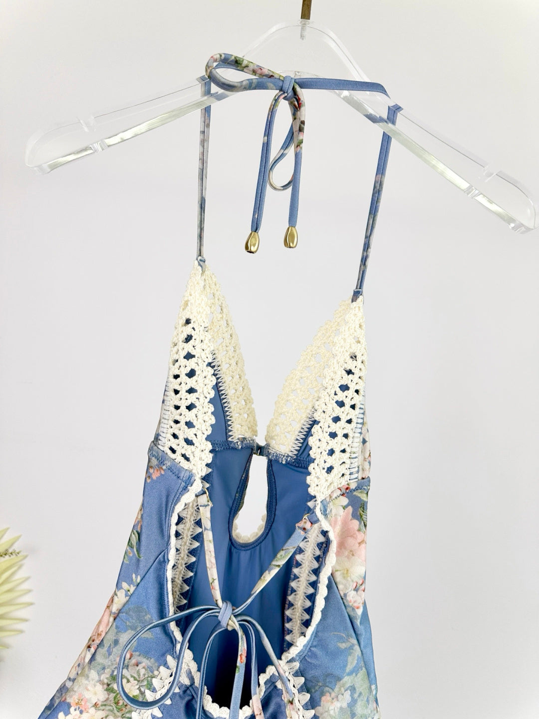 Crochet Keyhole Chambray Floral One Piece Swimsuit – Faded Cottage Floral Halter Swimsuit