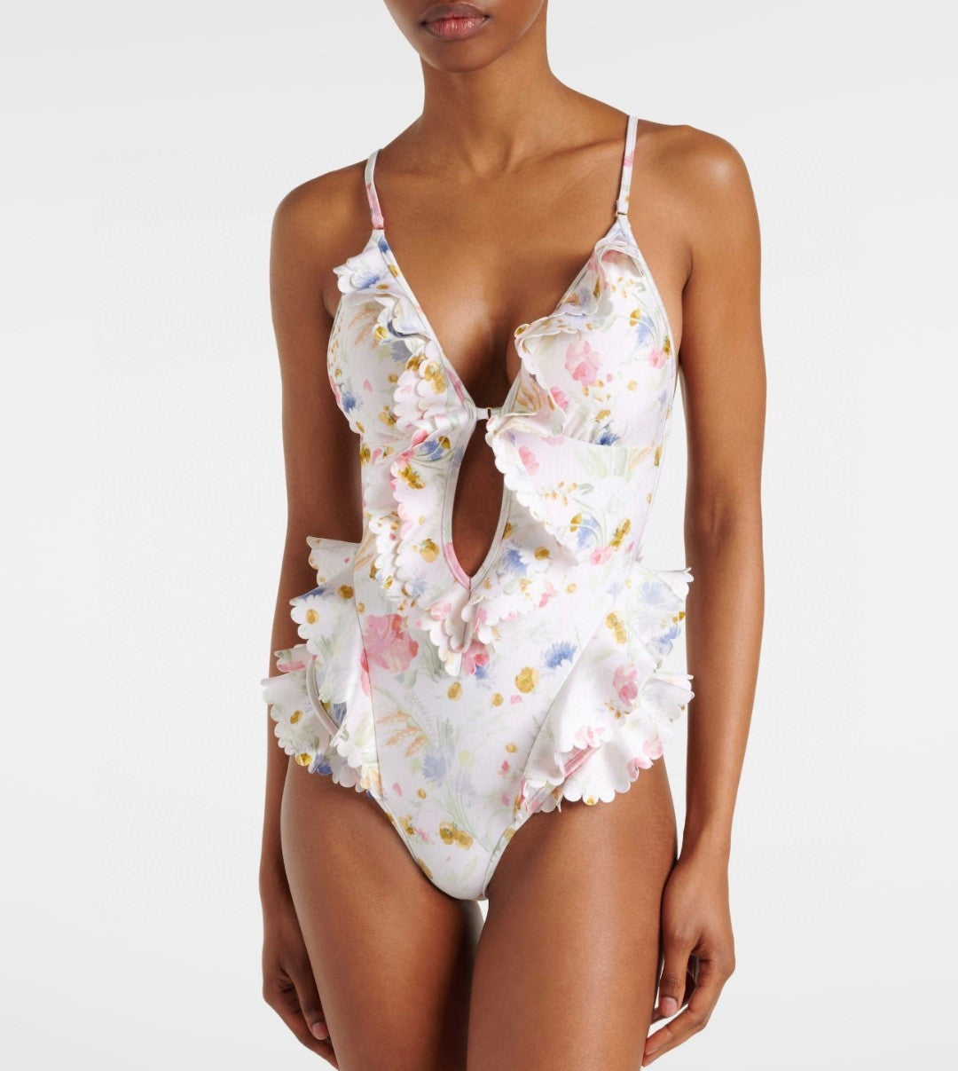 Natura Scallop Frill Floral Print One-Piece Swimsuit – White Multi-Color Floral Halter Swimsuit