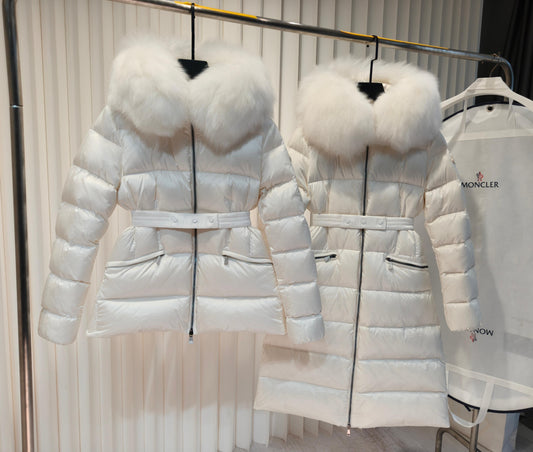 White Belted Puffer Jacket with Detachable Faux Fur Collar