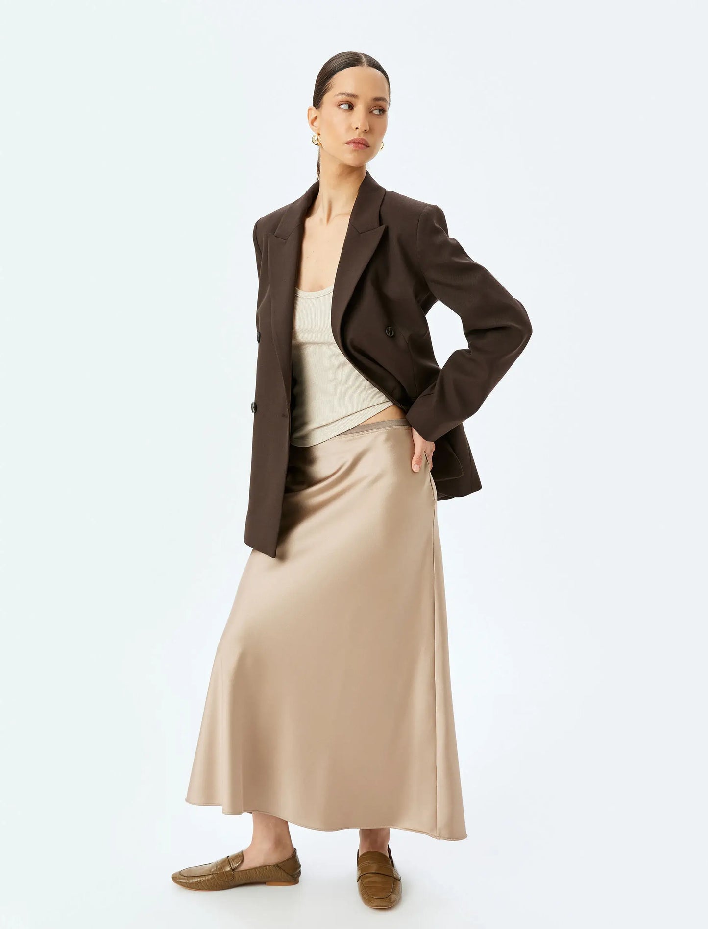 Flowing A-Line Mink Satin Maxi Skirt
