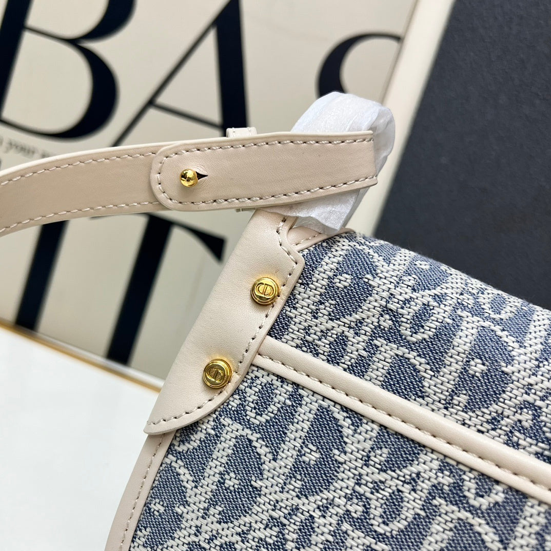 Christian  30 Montaigne Bag – Blue Oblique Jacquard Canvas with Gold-Finish CD Clasp