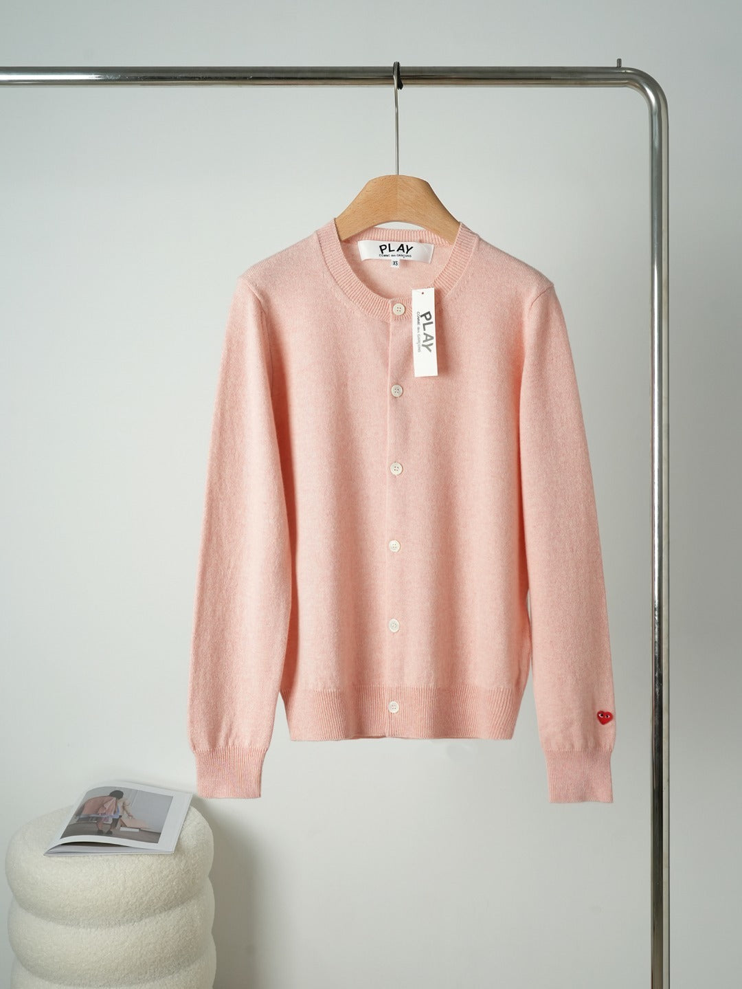 Crewneck Knit Cardigan – Baby-Pink Heathered Wool Knit Sweater