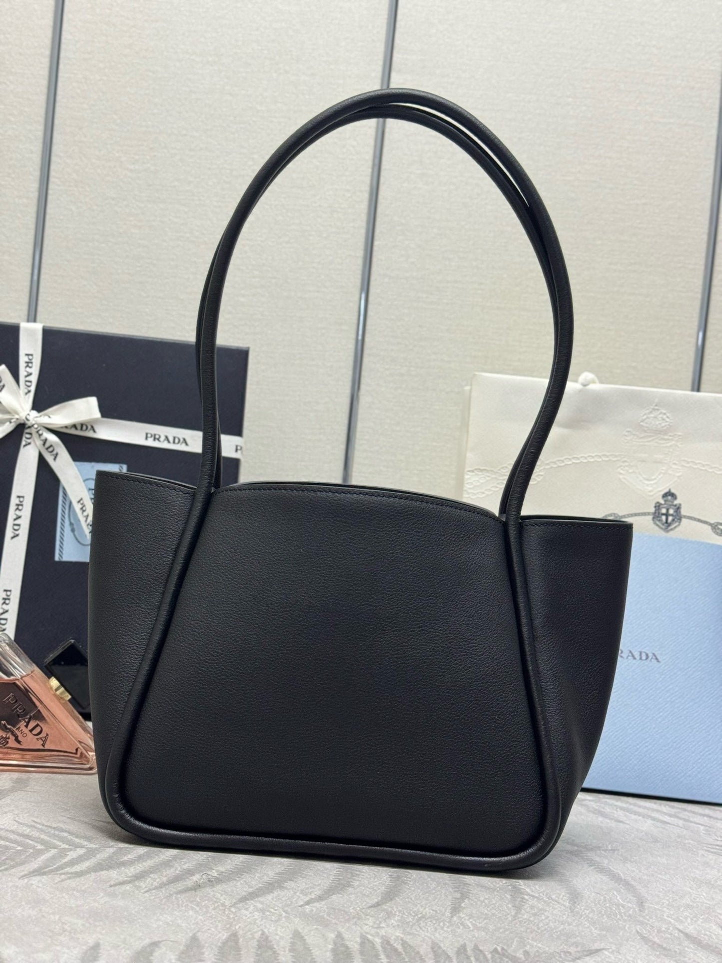 Black Leather Tote Bag - Soft Calfskin Trapezoidal Shoulder Bag