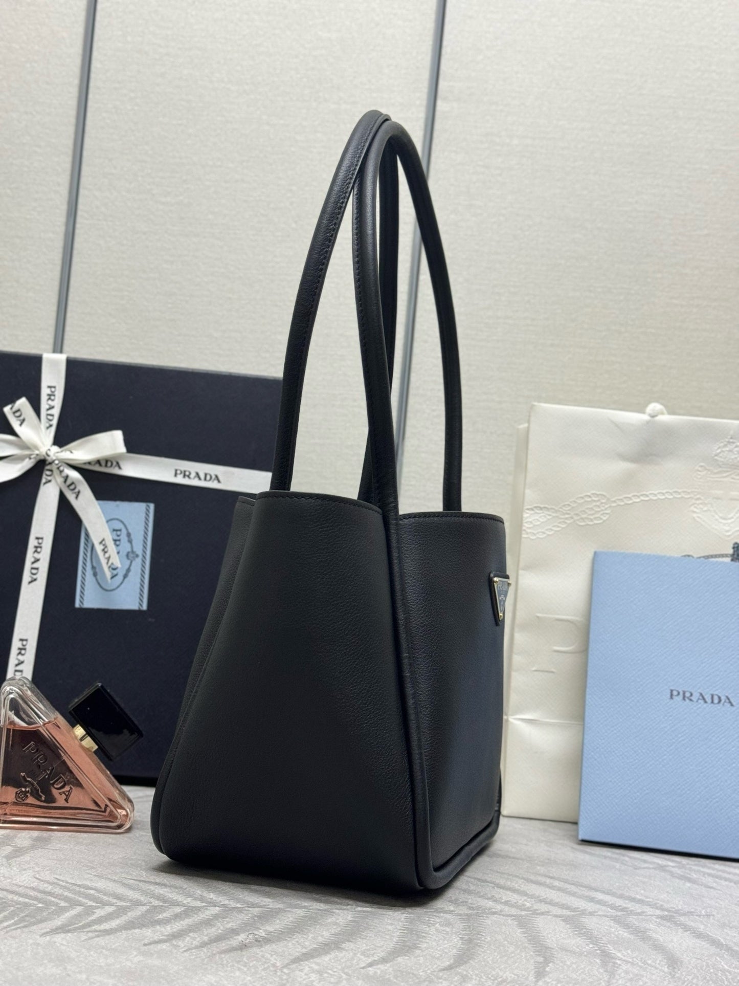 Black Leather Tote Bag - Soft Calfskin Trapezoidal Shoulder Bag