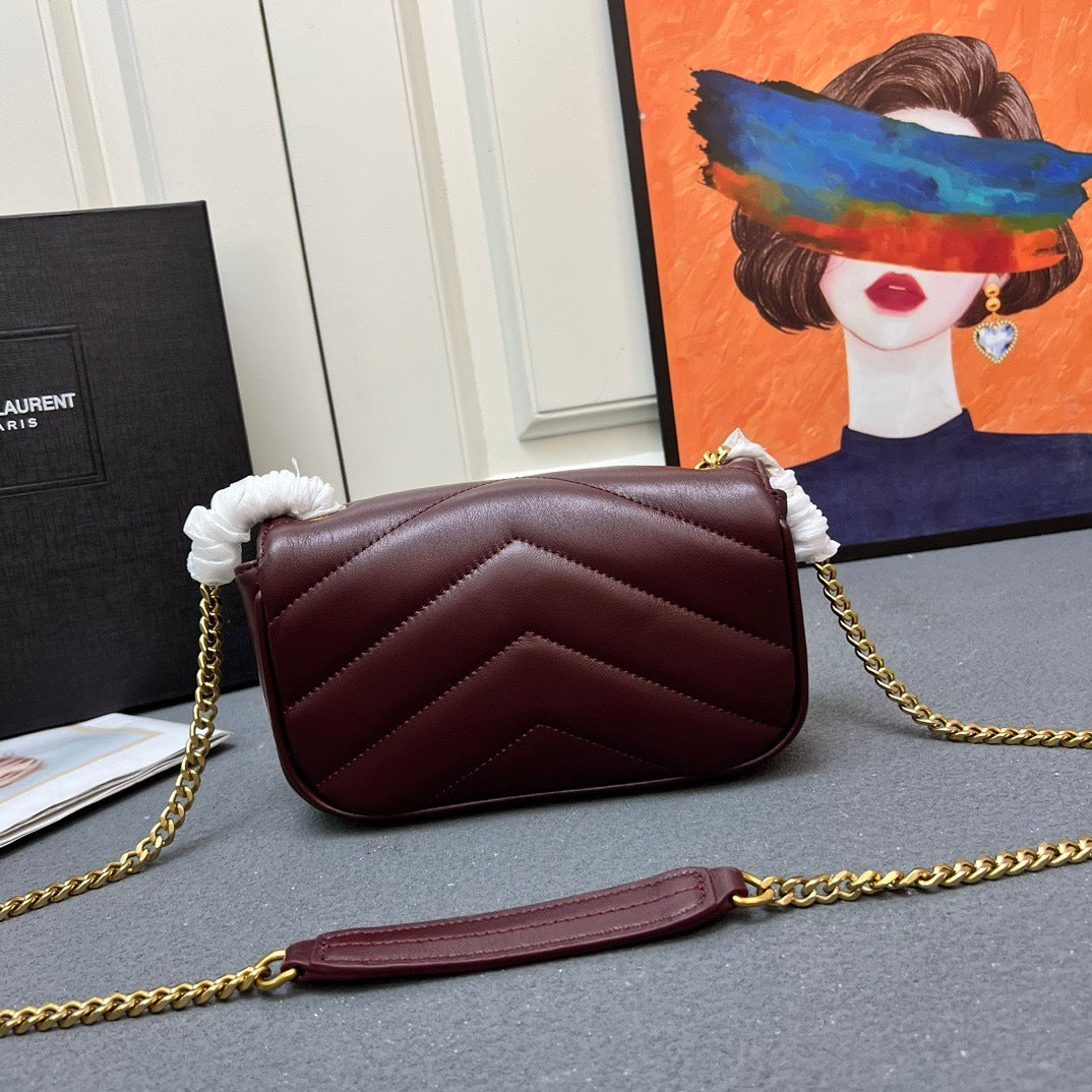 YSL Loulou Mini – Burgundy Chevron-Quilted Lambskin with Gold YSL Hardware