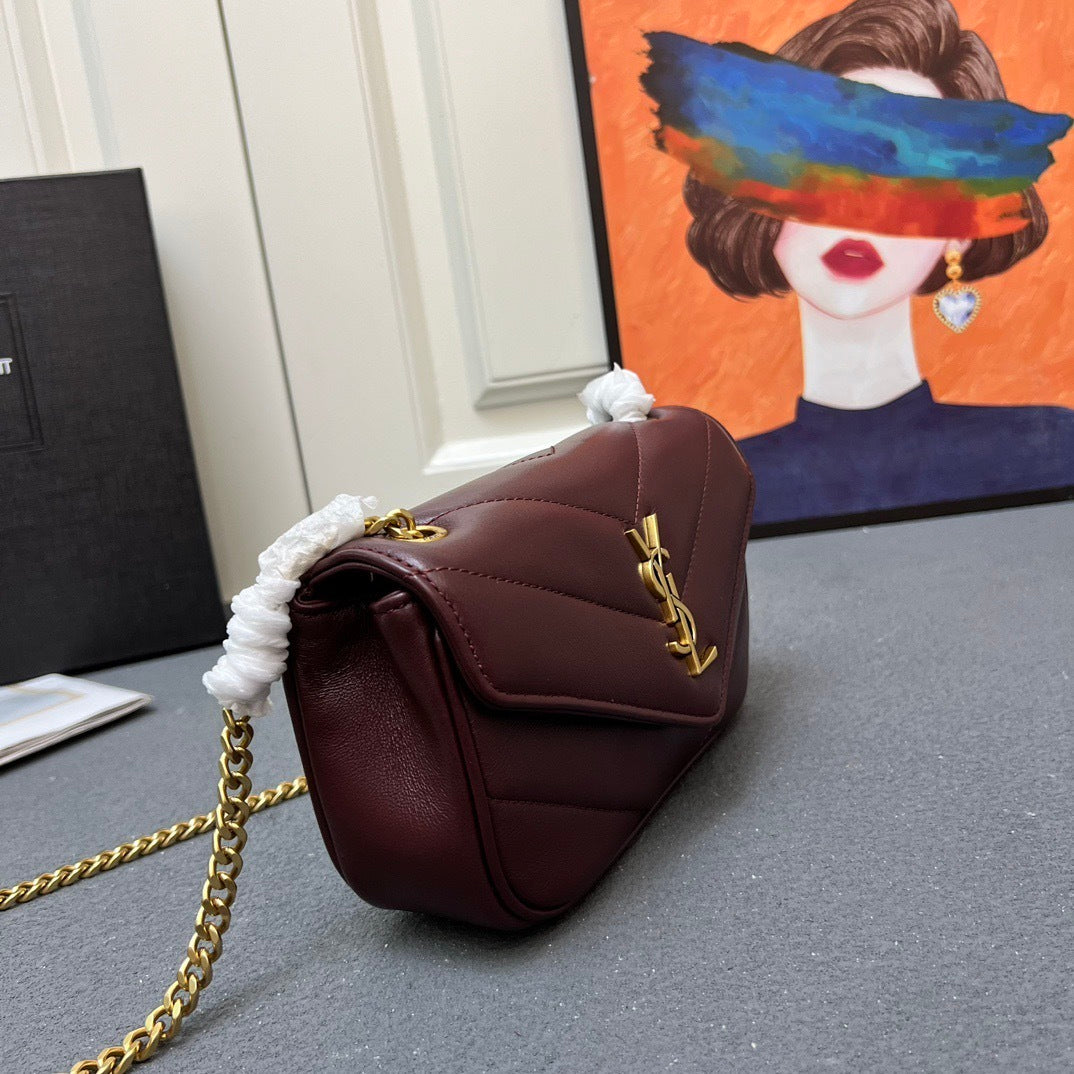 YSL Loulou Mini – Burgundy Chevron-Quilted Lambskin with Gold YSL Hardware