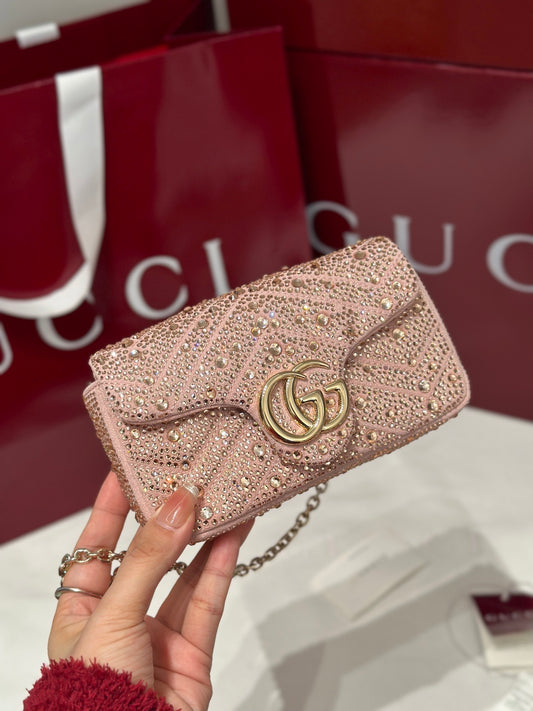 GG Marmont Small Crystal Shoulder Bag – Pink Nubuck Chevron Matelassé
