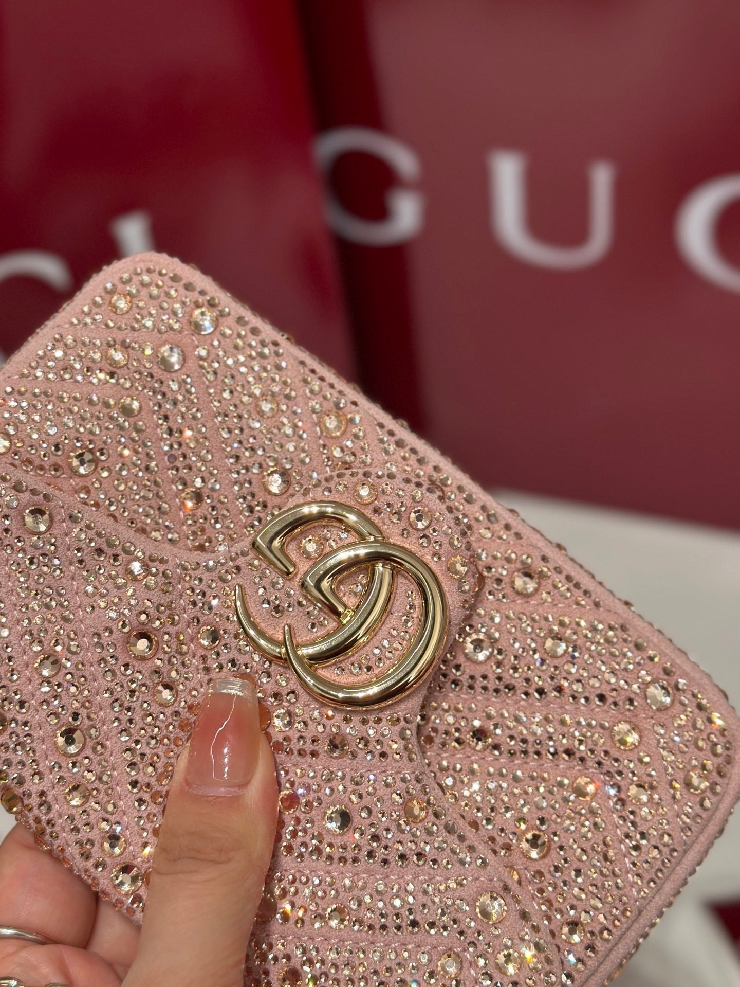 GG Marmont Small Crystal Shoulder Bag – Pink Nubuck Chevron Matelassé