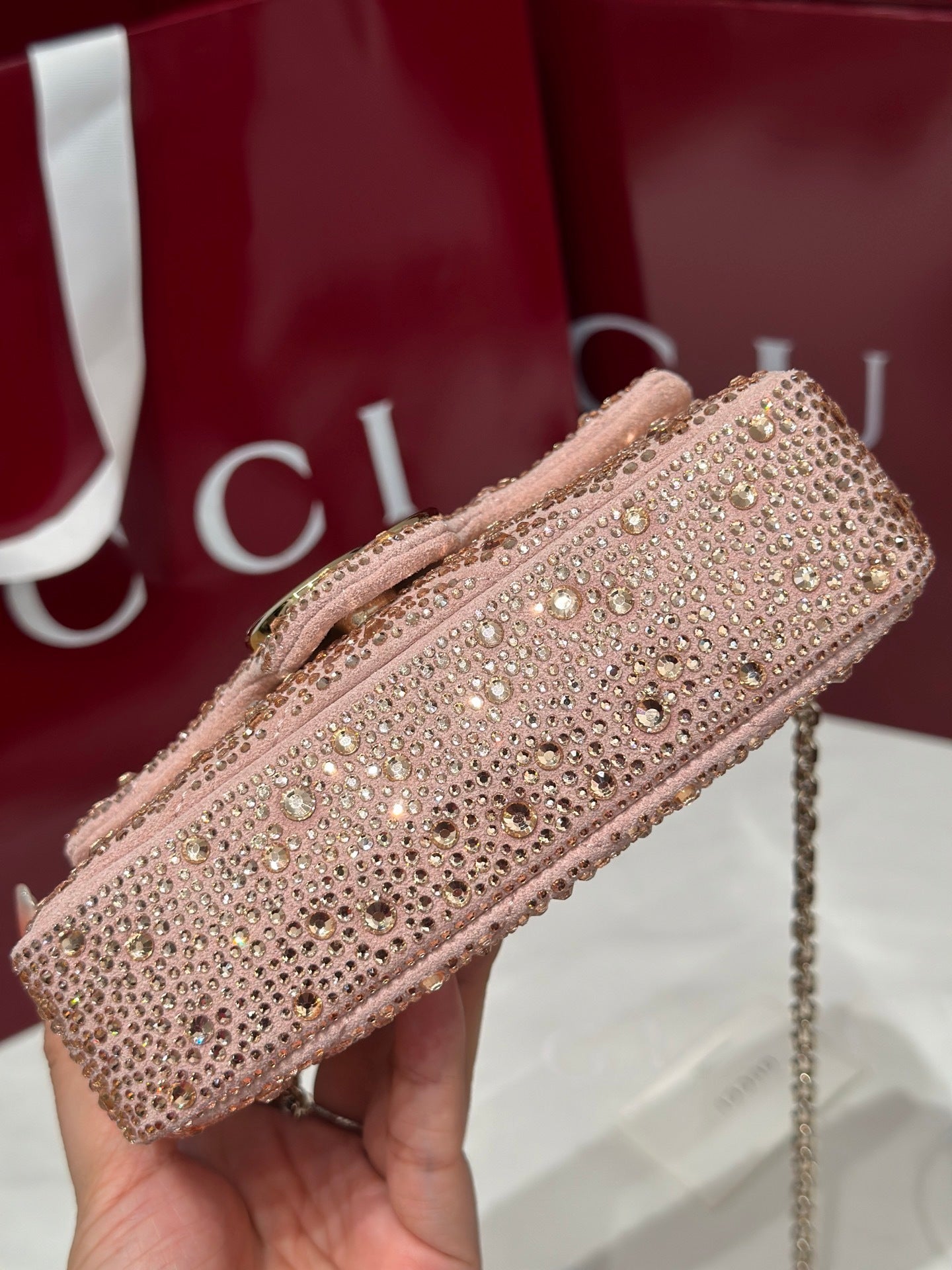 GG Marmont Small Crystal Shoulder Bag – Pink Nubuck Chevron Matelassé