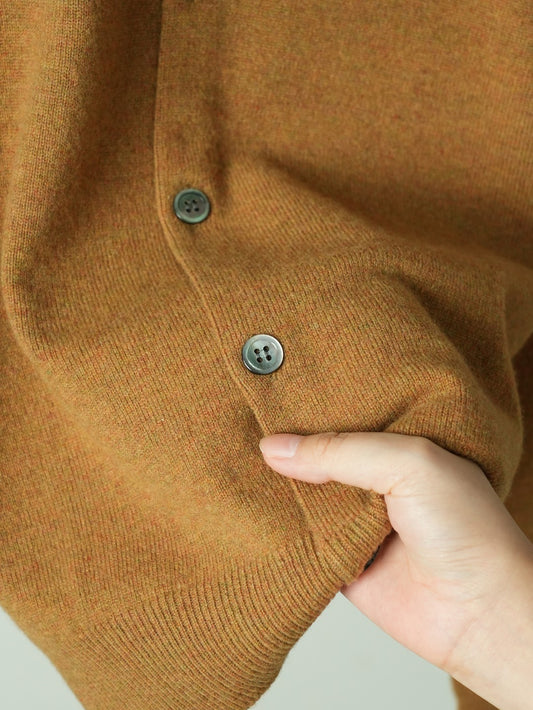 Crewneck Knit Cardigan – Camel Brown Fine-Gauge Wool Cardigan with Subverted Sleeve Heart Logo