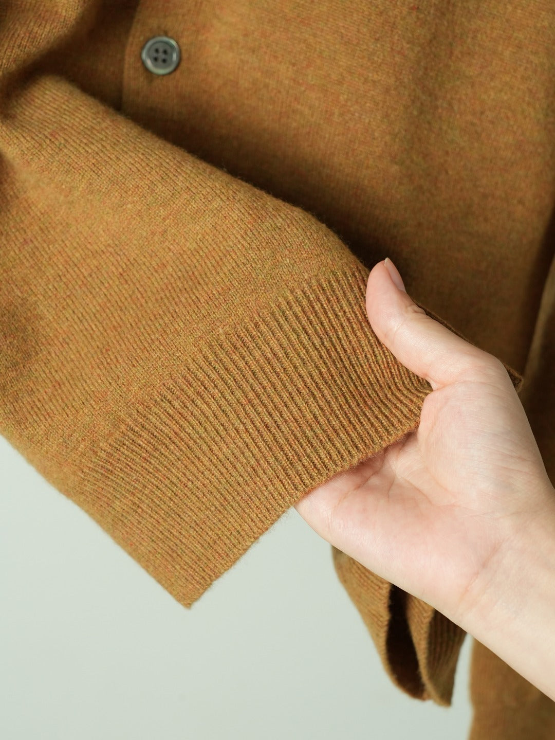 Crewneck Knit Cardigan – Camel Brown Fine-Gauge Wool Cardigan with Subverted Sleeve Heart Logo