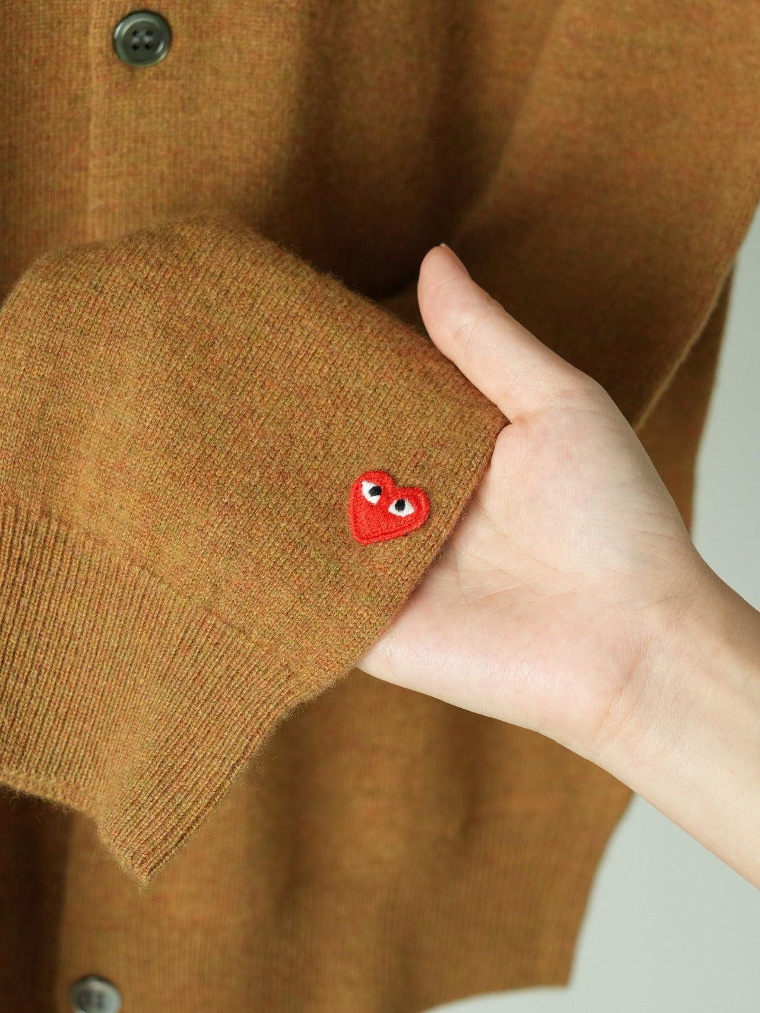 Crewneck Knit Cardigan – Camel Brown Fine-Gauge Wool Cardigan with Subverted Sleeve Heart Logo