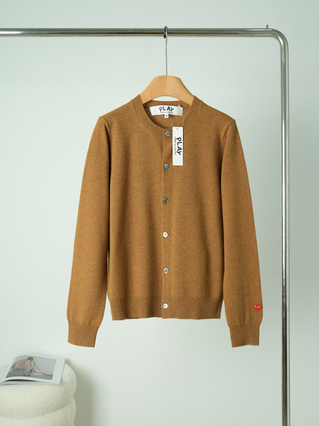 Crewneck Knit Cardigan – Camel Brown Fine-Gauge Wool Cardigan with Subverted Sleeve Heart Logo