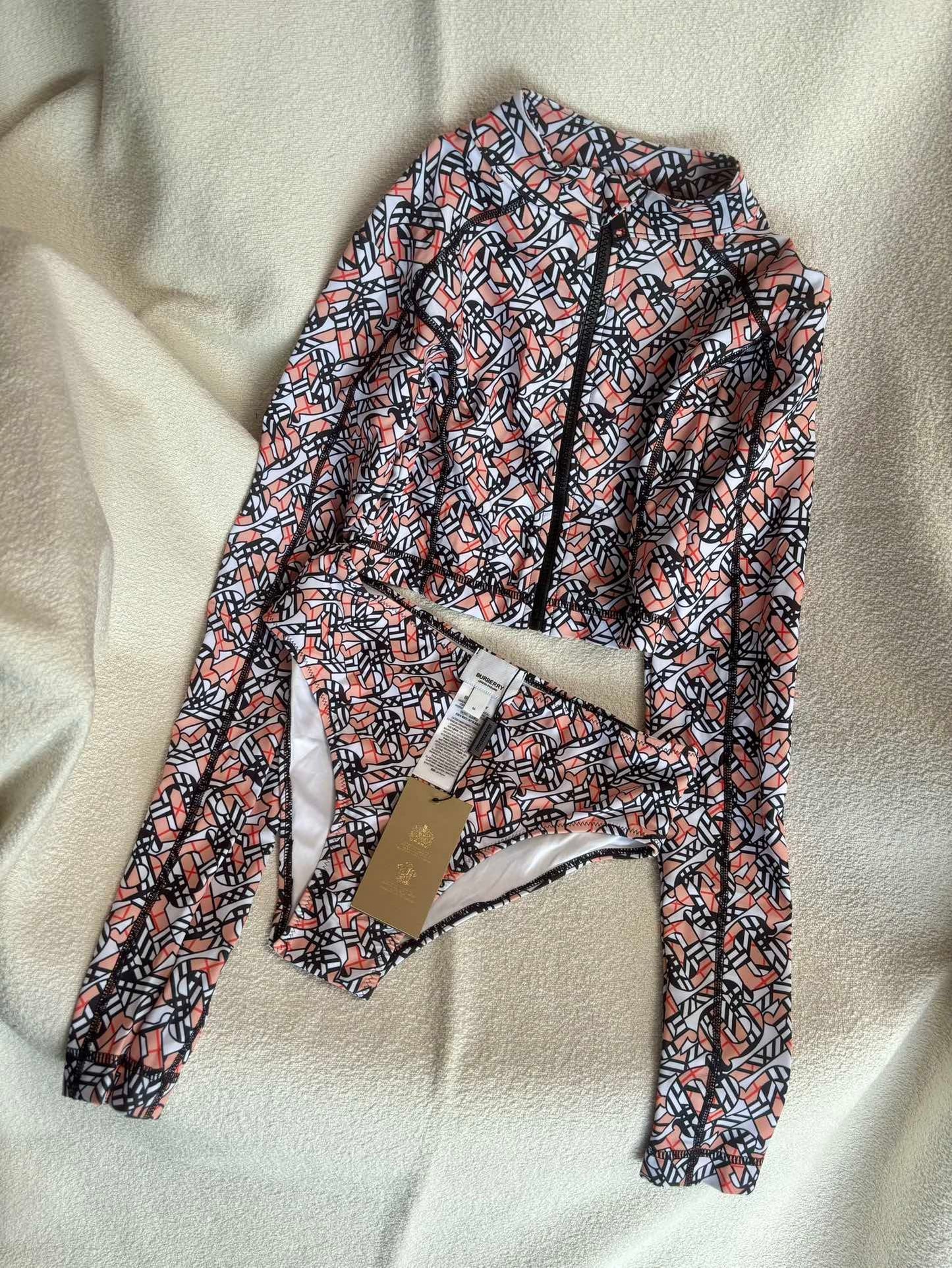 Burberry Kaya Rash Guard Set – Coral and Tan TB Monogram Long-Sleeve Swimsuit