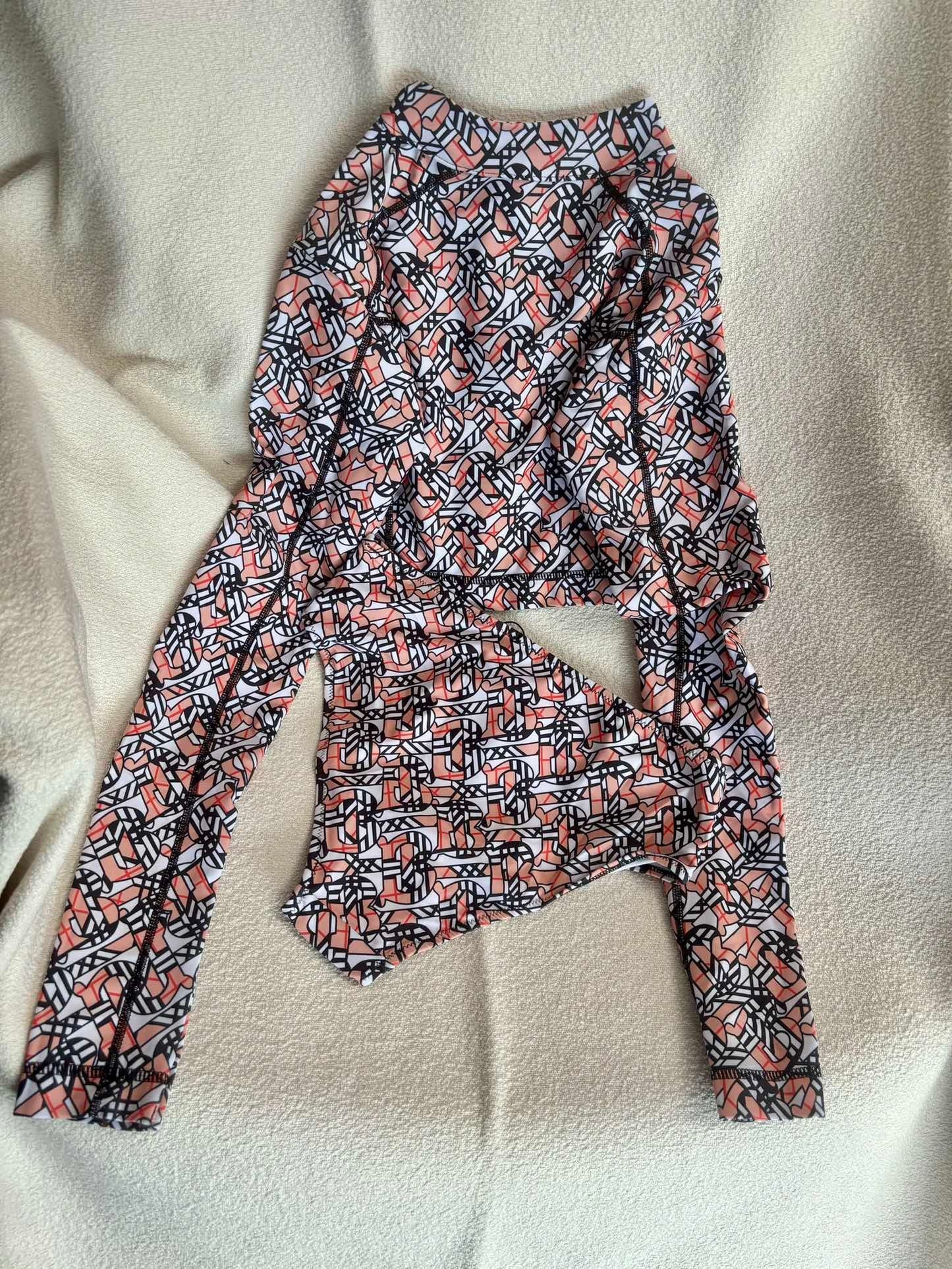 Burberry Kaya Rash Guard Set – Coral and Tan TB Monogram Long-Sleeve Swimsuit