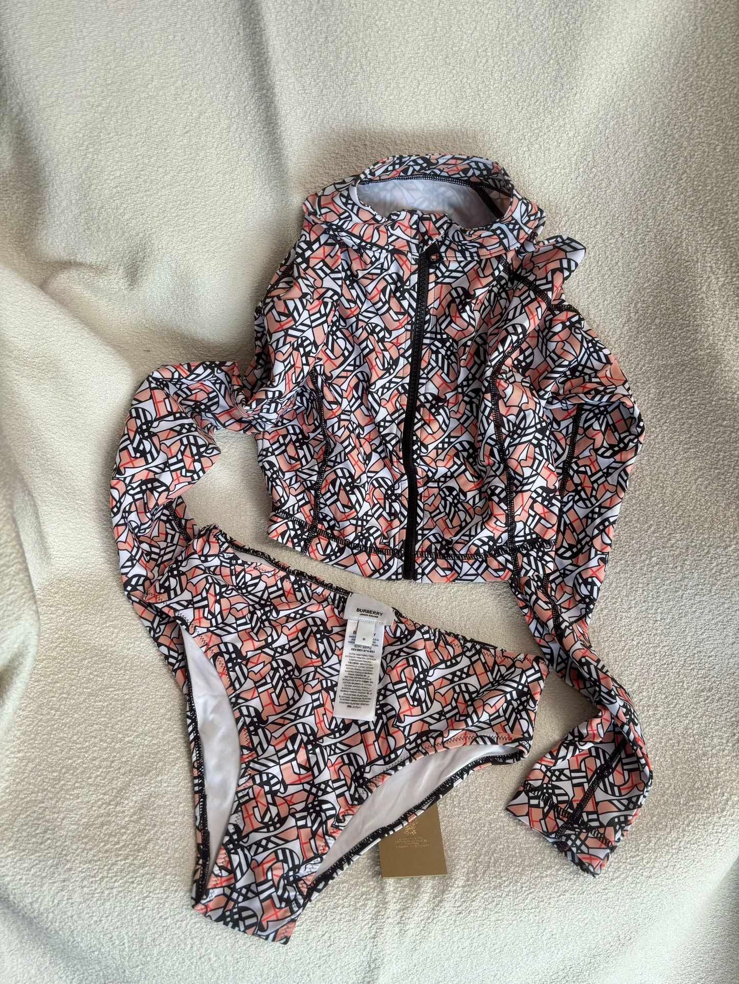 Burberry Kaya Rash Guard Set – Coral and Tan TB Monogram Long-Sleeve Swimsuit
