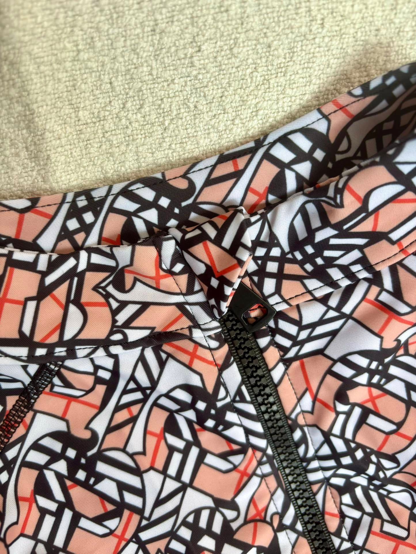 Burberry Kaya Rash Guard Set – Coral and Tan TB Monogram Long-Sleeve Swimsuit