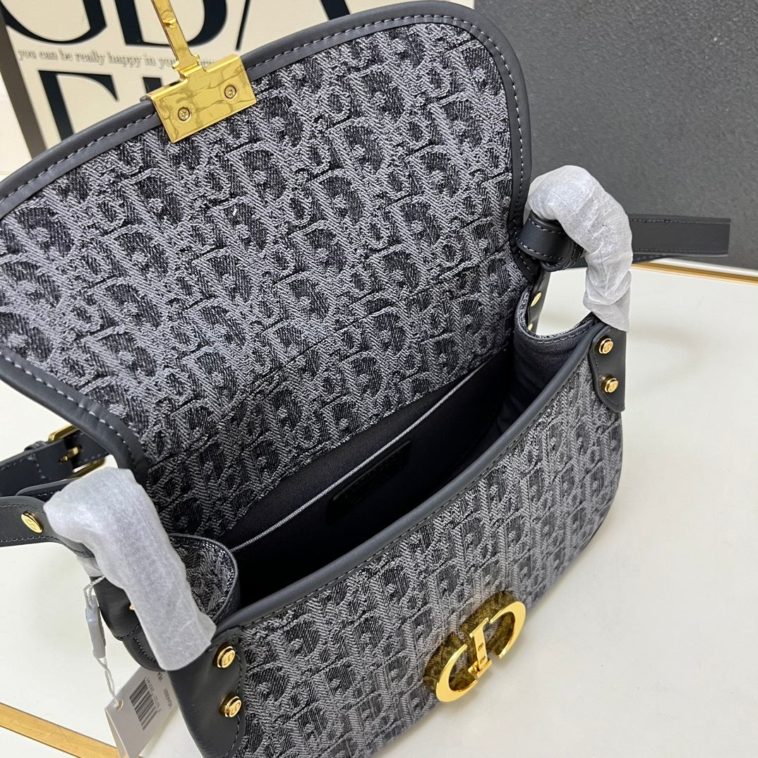 Christian 30 Montaigne Bag 25cm – Blue Oblique Jacquard with Antique Gold CD Clasp (2025 Model)