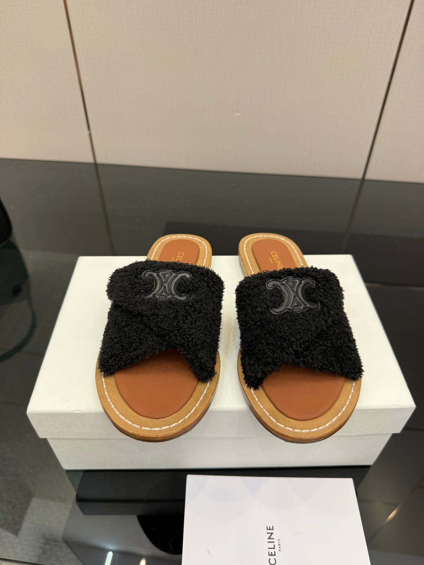 Triomphe Cross Mule Sandals – Plush Midnight Black Shearling Criss-Cross Strap Slides