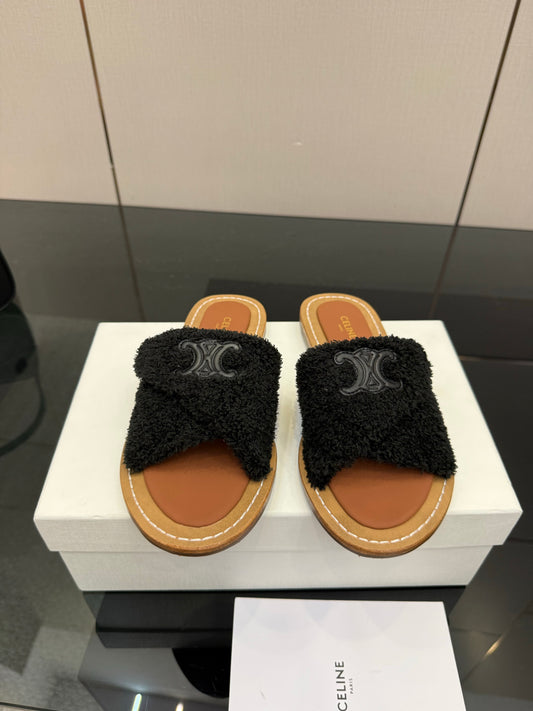 Triomphe Cross Mule Sandals – Plush Midnight Black Shearling Criss-Cross Strap Slides