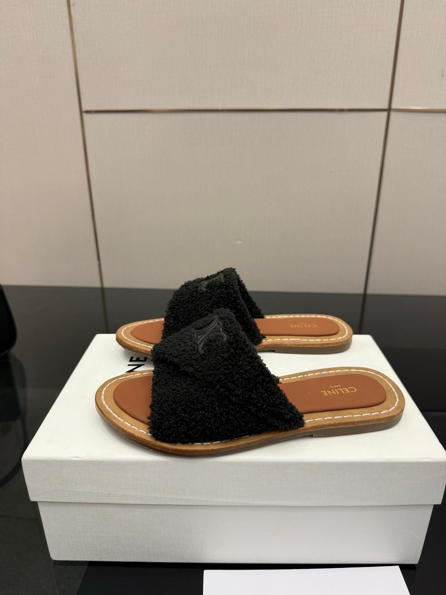 Triomphe Cross Mule Sandals – Plush Midnight Black Shearling Criss-Cross Strap Slides