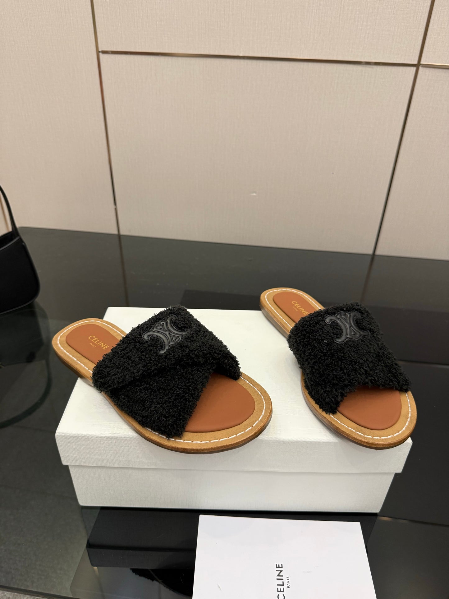 Triomphe Cross Mule Sandals – Plush Midnight Black Shearling Criss-Cross Strap Slides