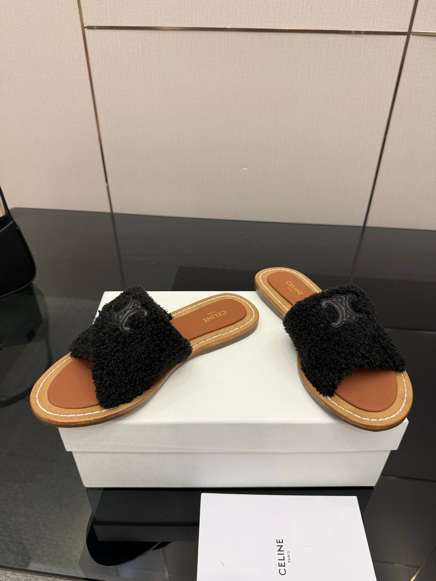 Triomphe Cross Mule Sandals – Plush Midnight Black Shearling Criss-Cross Strap Slides