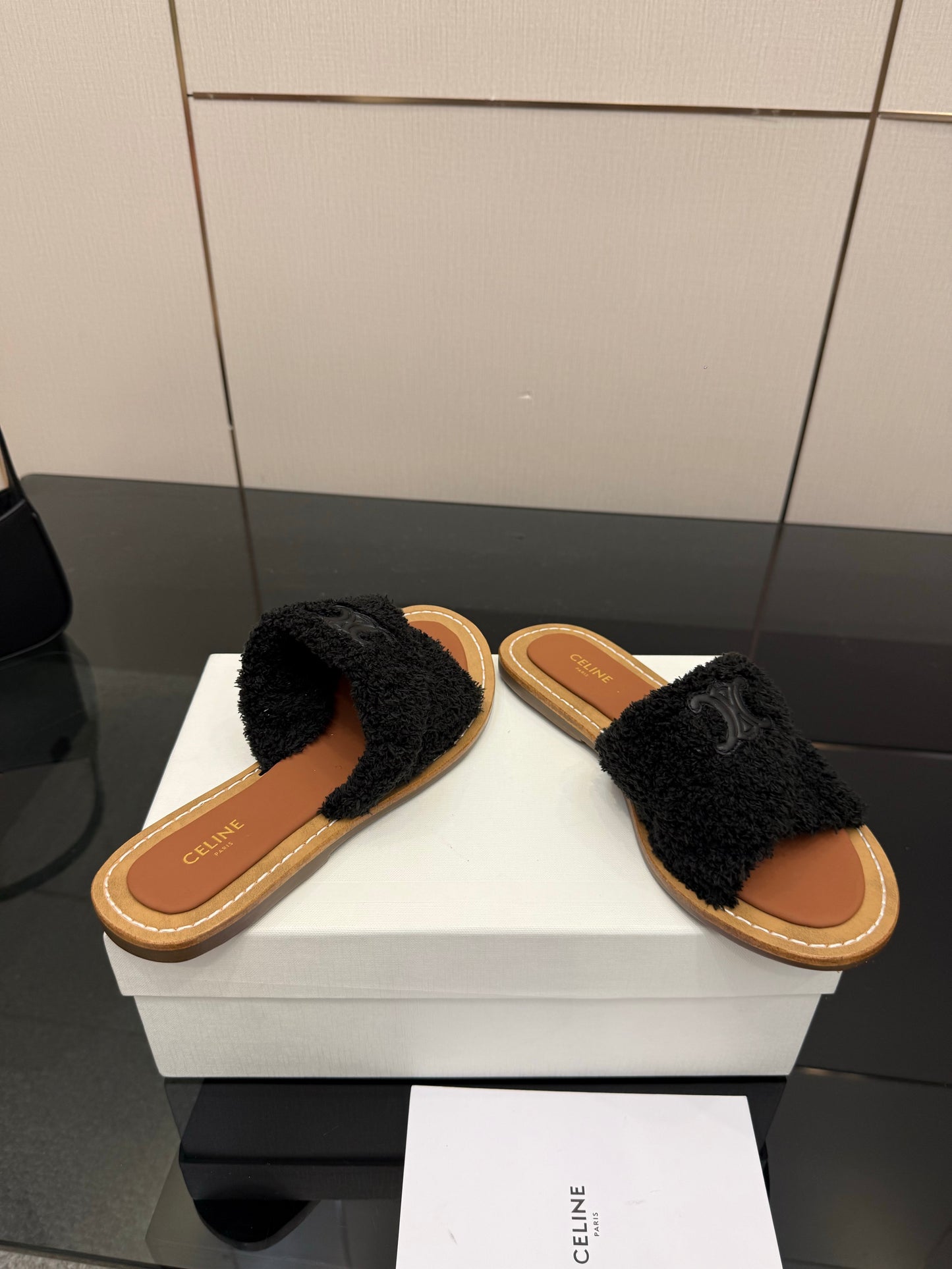 Triomphe Cross Mule Sandals – Plush Midnight Black Shearling Criss-Cross Strap Slides