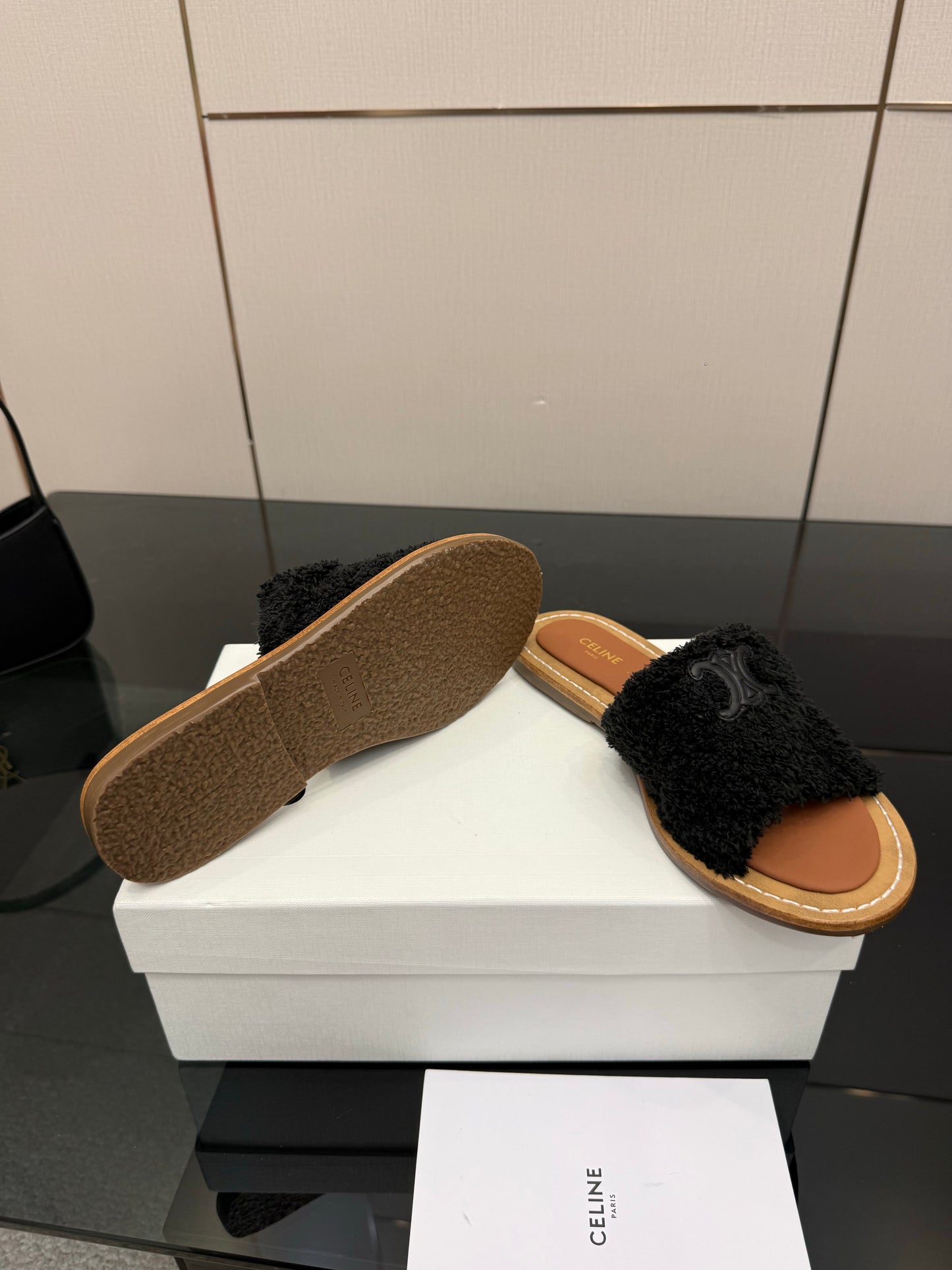 Triomphe Cross Mule Sandals – Plush Midnight Black Shearling Criss-Cross Strap Slides