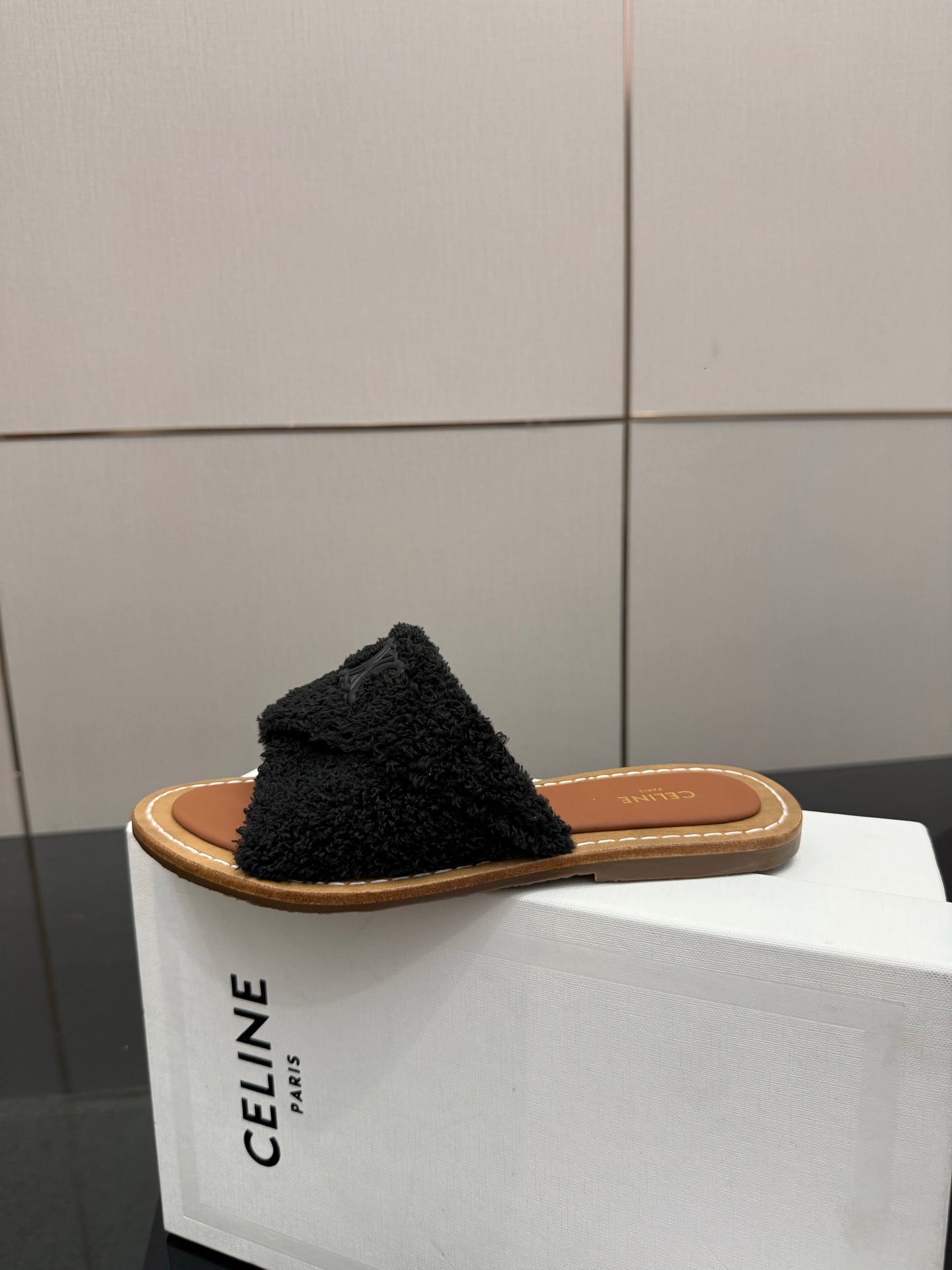 Triomphe Cross Mule Sandals – Plush Midnight Black Shearling Criss-Cross Strap Slides