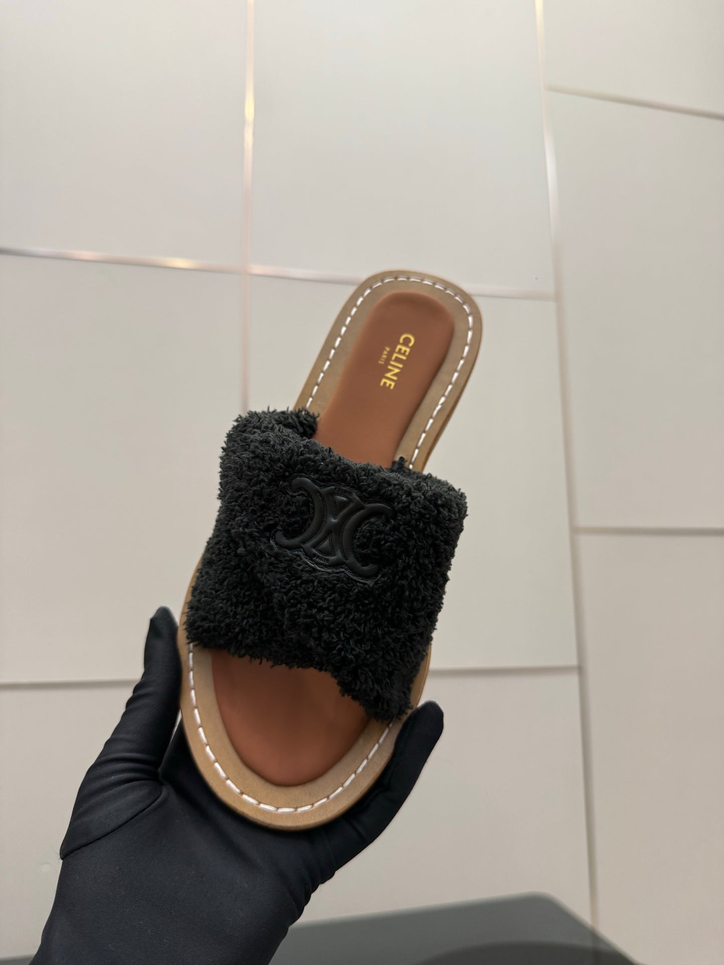 Triomphe Cross Mule Sandals – Plush Midnight Black Shearling Criss-Cross Strap Slides