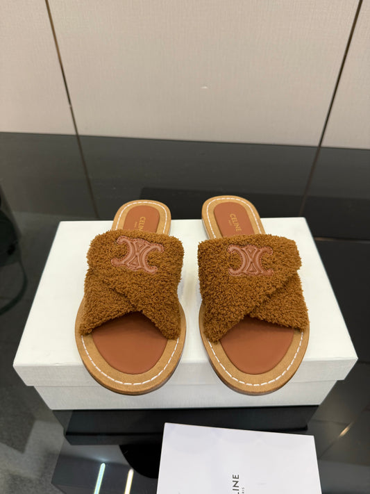 Triomphe Cross Mule Sandals – Plush Teddy Brown Shearling Criss-Cross Strap Slides