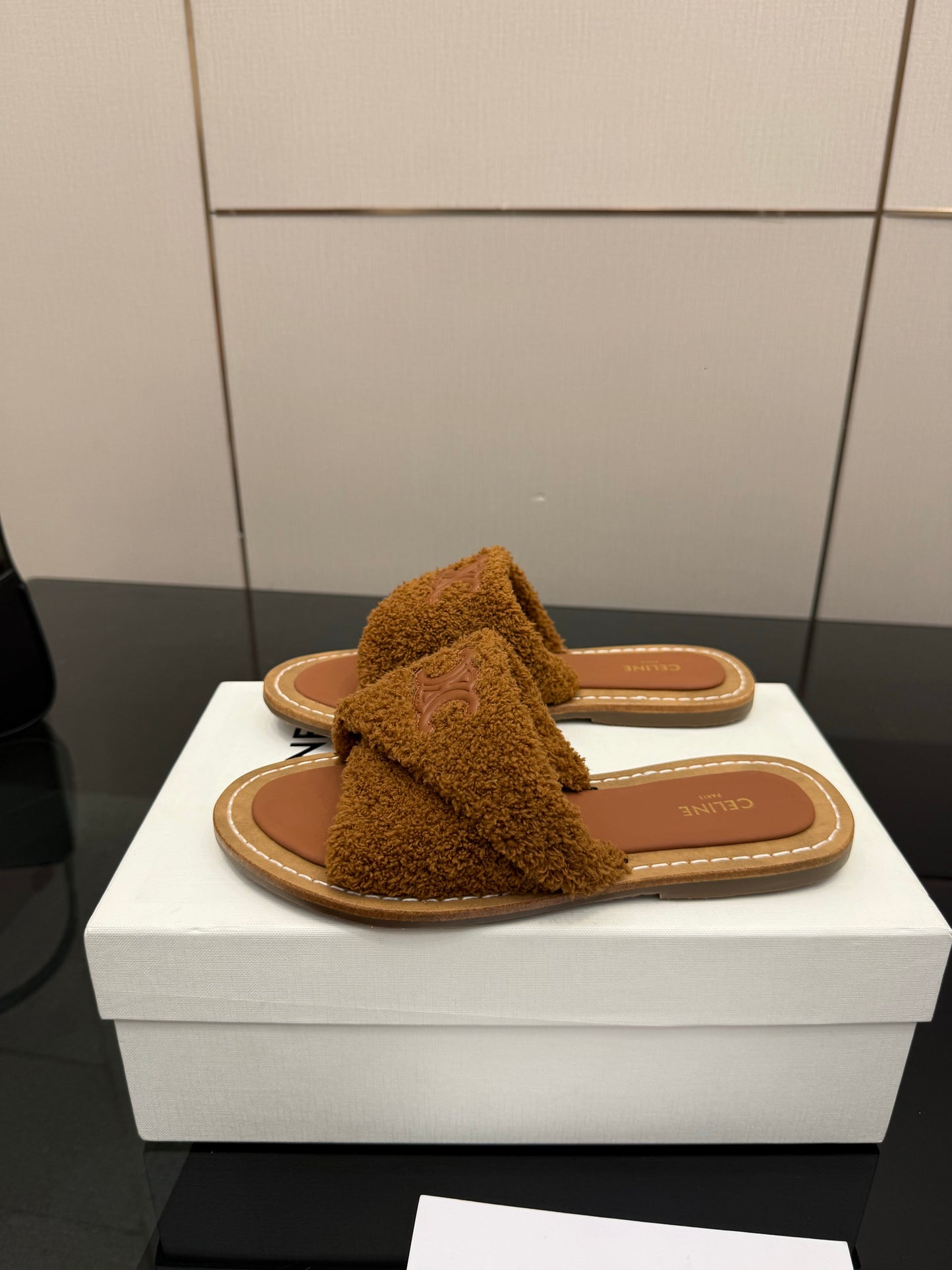 Triomphe Cross Mule Sandals – Plush Teddy Brown Shearling Criss-Cross Strap Slides