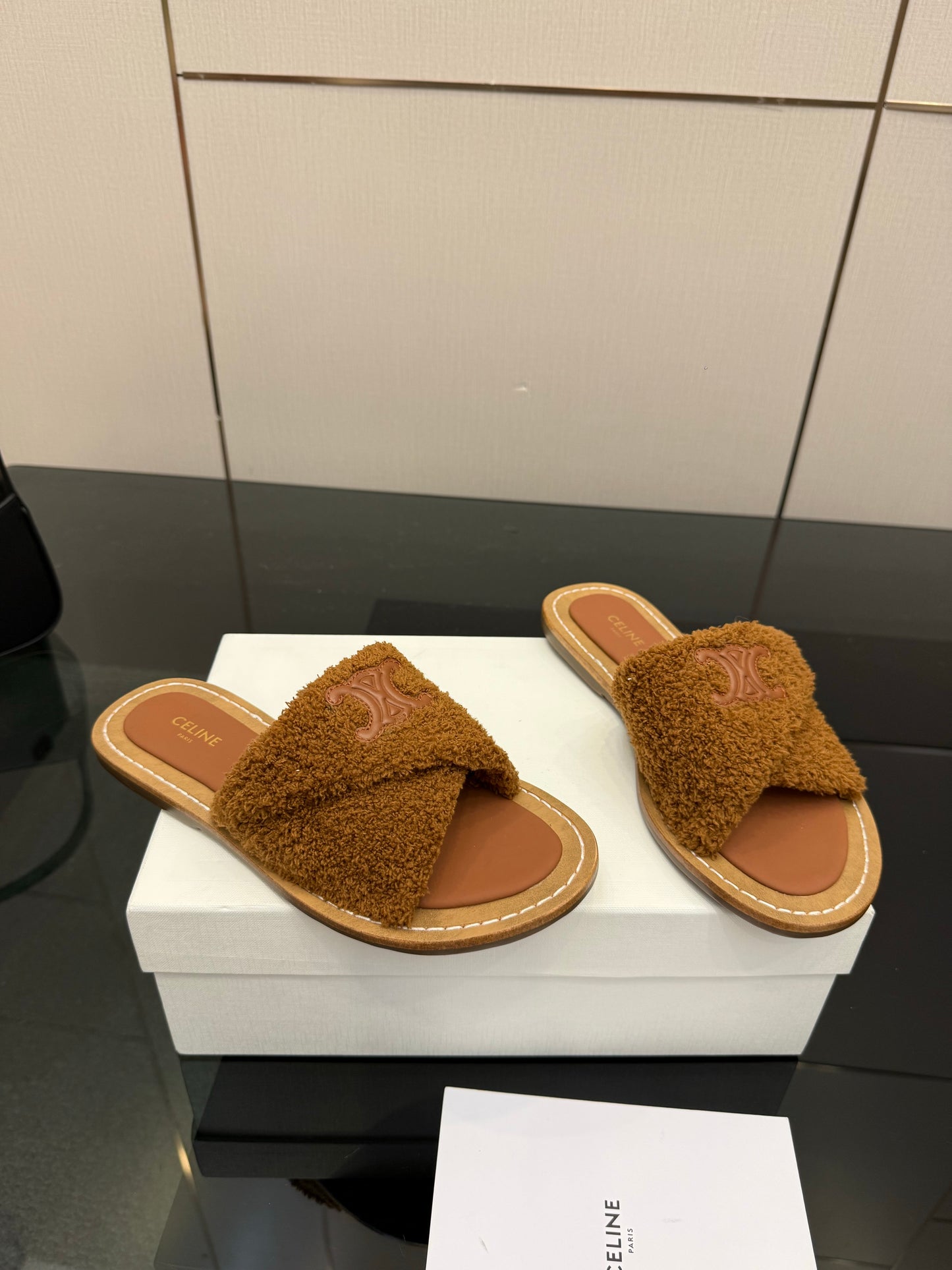 Triomphe Cross Mule Sandals – Plush Teddy Brown Shearling Criss-Cross Strap Slides