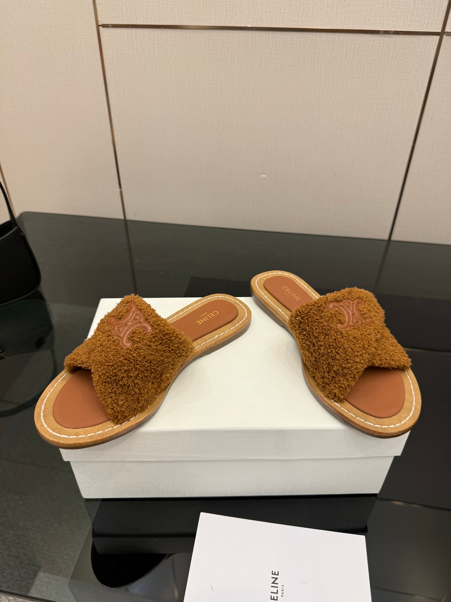 Triomphe Cross Mule Sandals – Plush Teddy Brown Shearling Criss-Cross Strap Slides