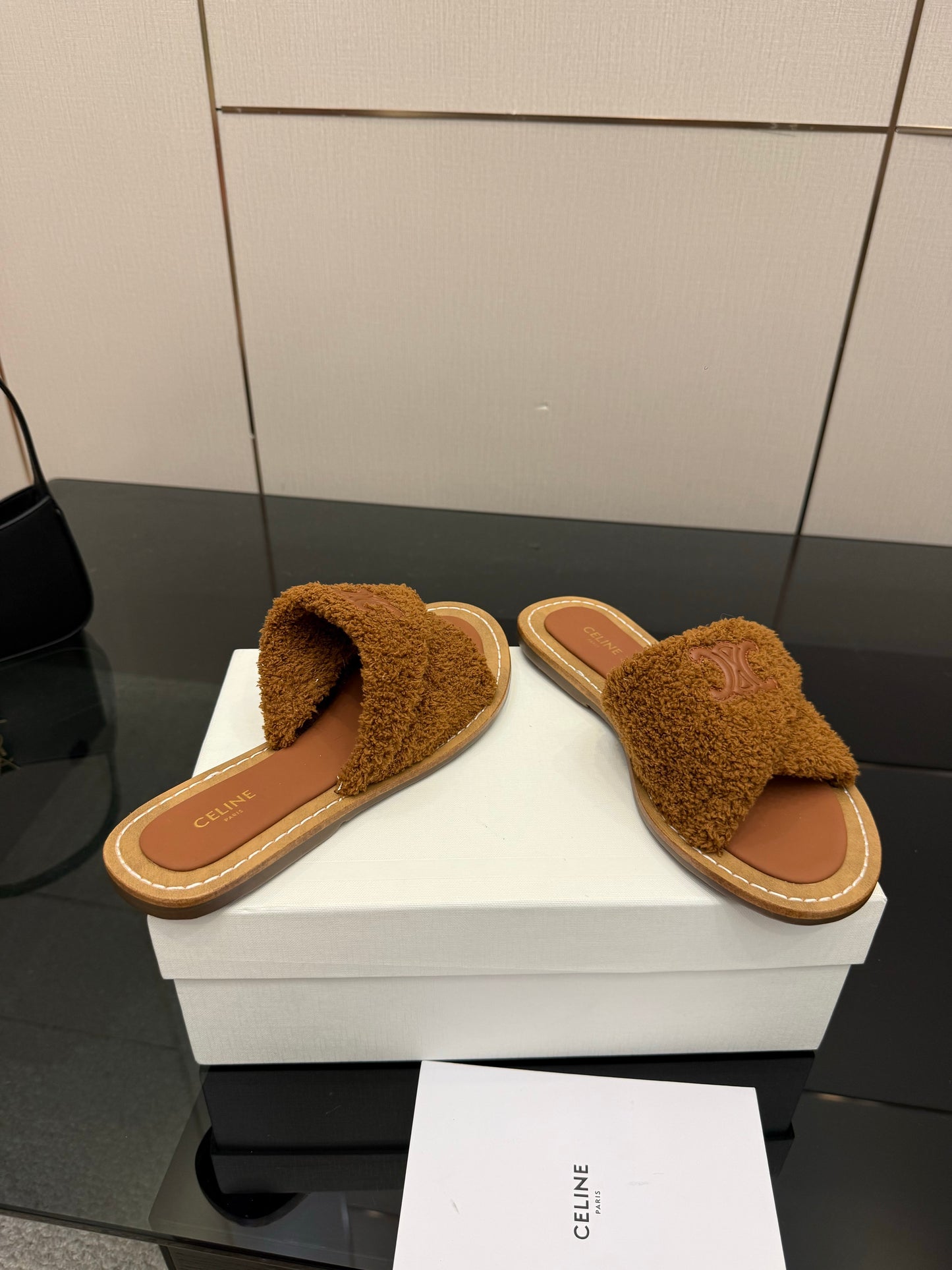 Triomphe Cross Mule Sandals – Plush Teddy Brown Shearling Criss-Cross Strap Slides